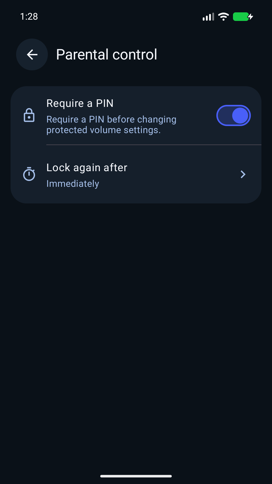 Volume Lock Parental control settings in Dark Astra, with Require a PIN enabled and Lock again after set to Immediately.