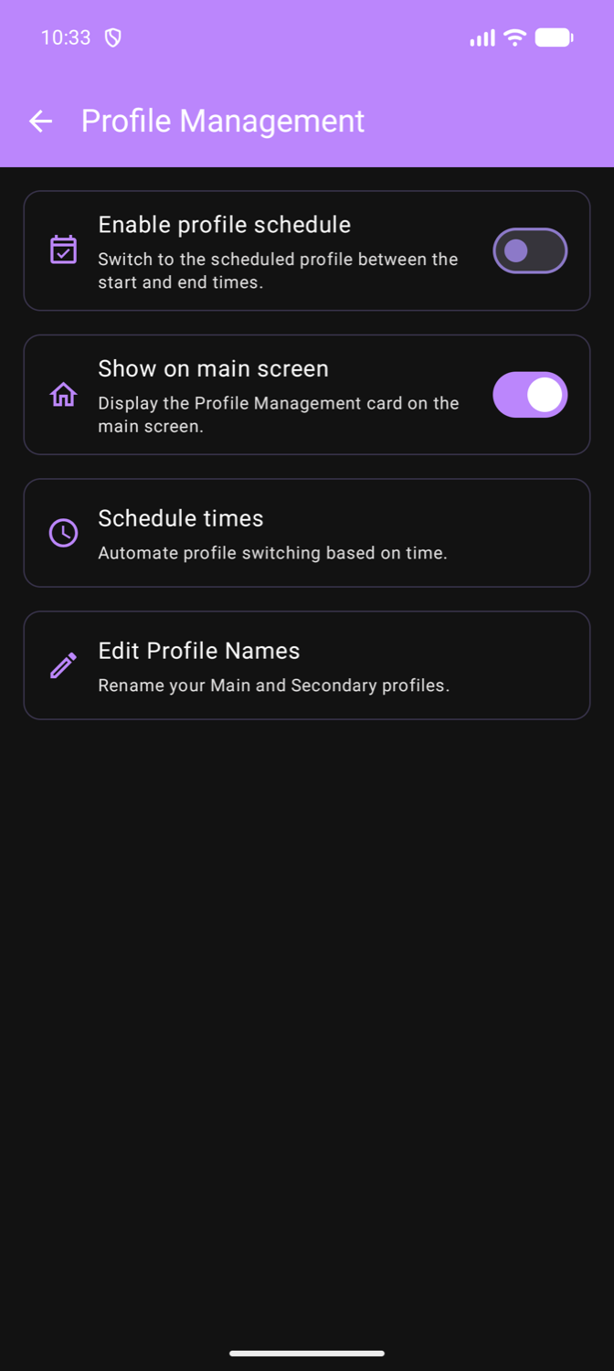 Profile management screen.