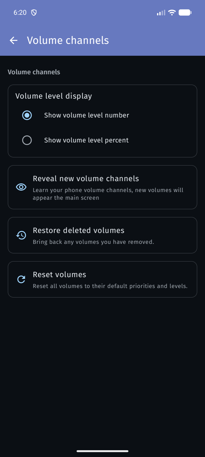 Volume channels screen.